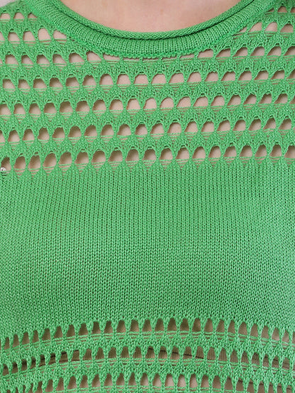 Polyester Full Sleeve with Round Neck Crochet Green Sweater