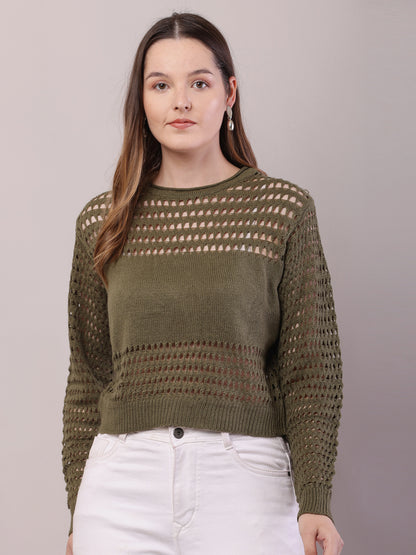 Polyester Full Sleeve with Round Neck Crochet Olive Green Sweater