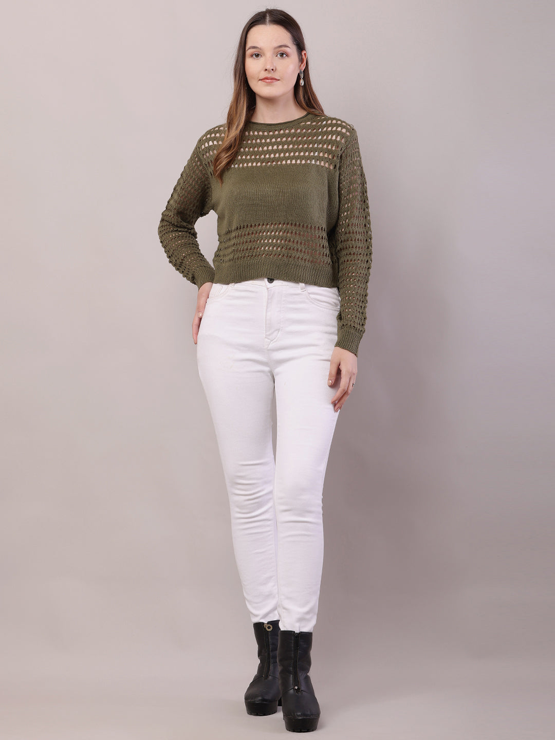 Polyester Full Sleeve with Round Neck Crochet Olive Green Sweater