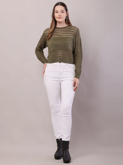 Polyester Full Sleeve with Round Neck Crochet Olive Green Sweater