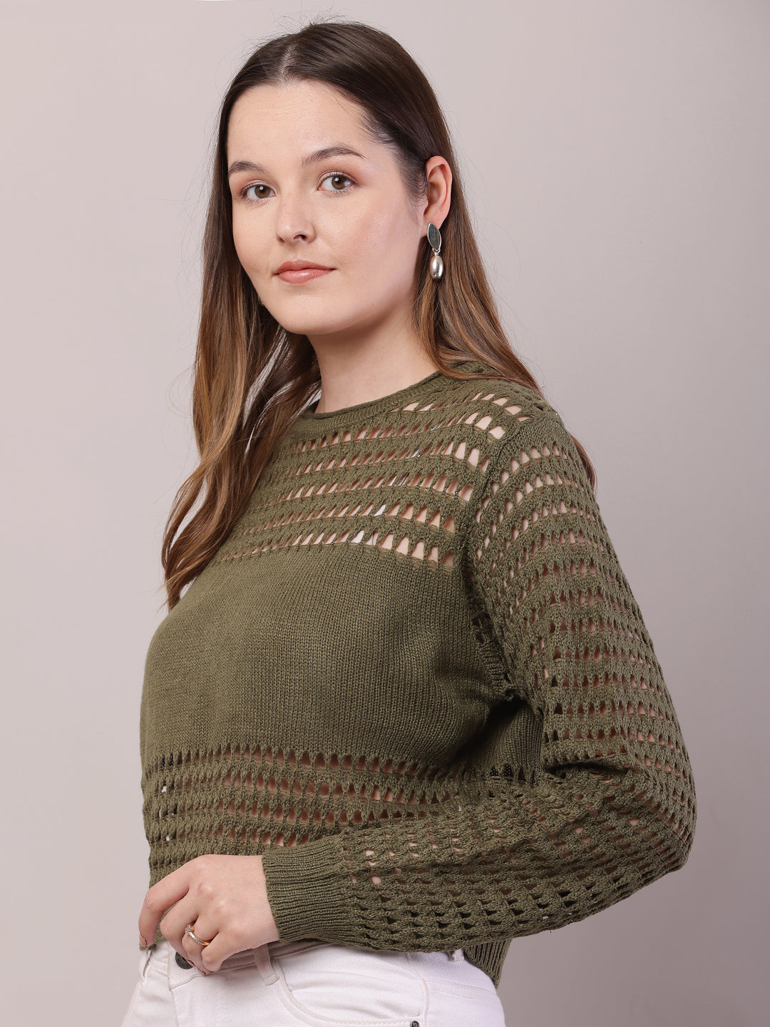 Polyester Full Sleeve with Round Neck Crochet Olive Green Sweater