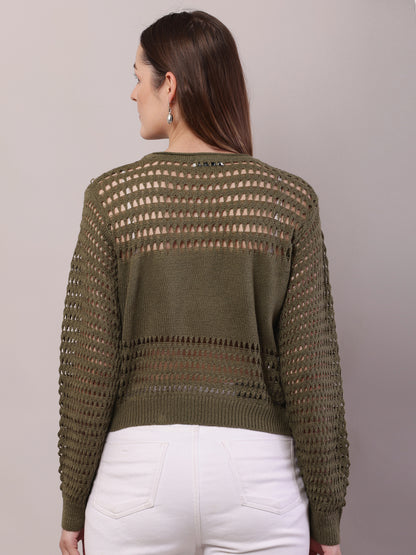 Polyester Full Sleeve with Round Neck Crochet Olive Green Sweater