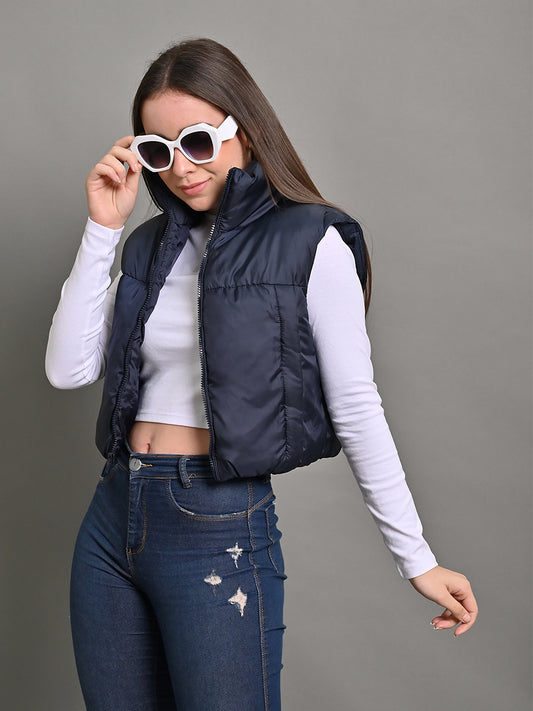 Nylon Sleeveless with High-Neck Puffer Crop Dark Blue Jacket