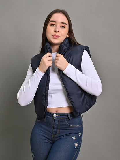 Nylon Sleeveless with High-Neck Puffer Crop Dark Blue Jacket