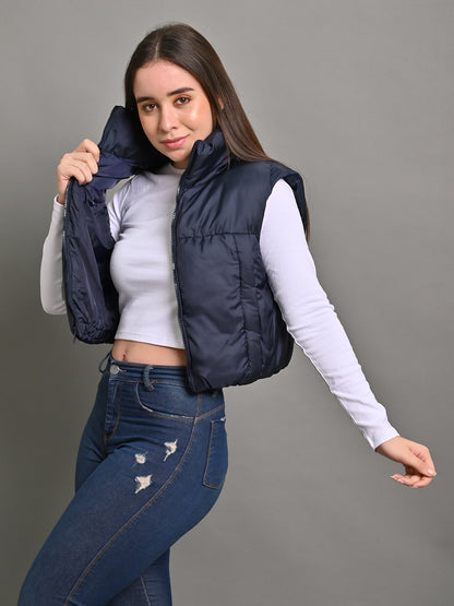 Nylon Sleeveless with High-Neck Puffer Crop Dark Blue Jacket