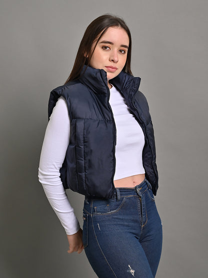 Nylon Sleeveless with High-Neck Puffer Crop Dark Blue Jacket