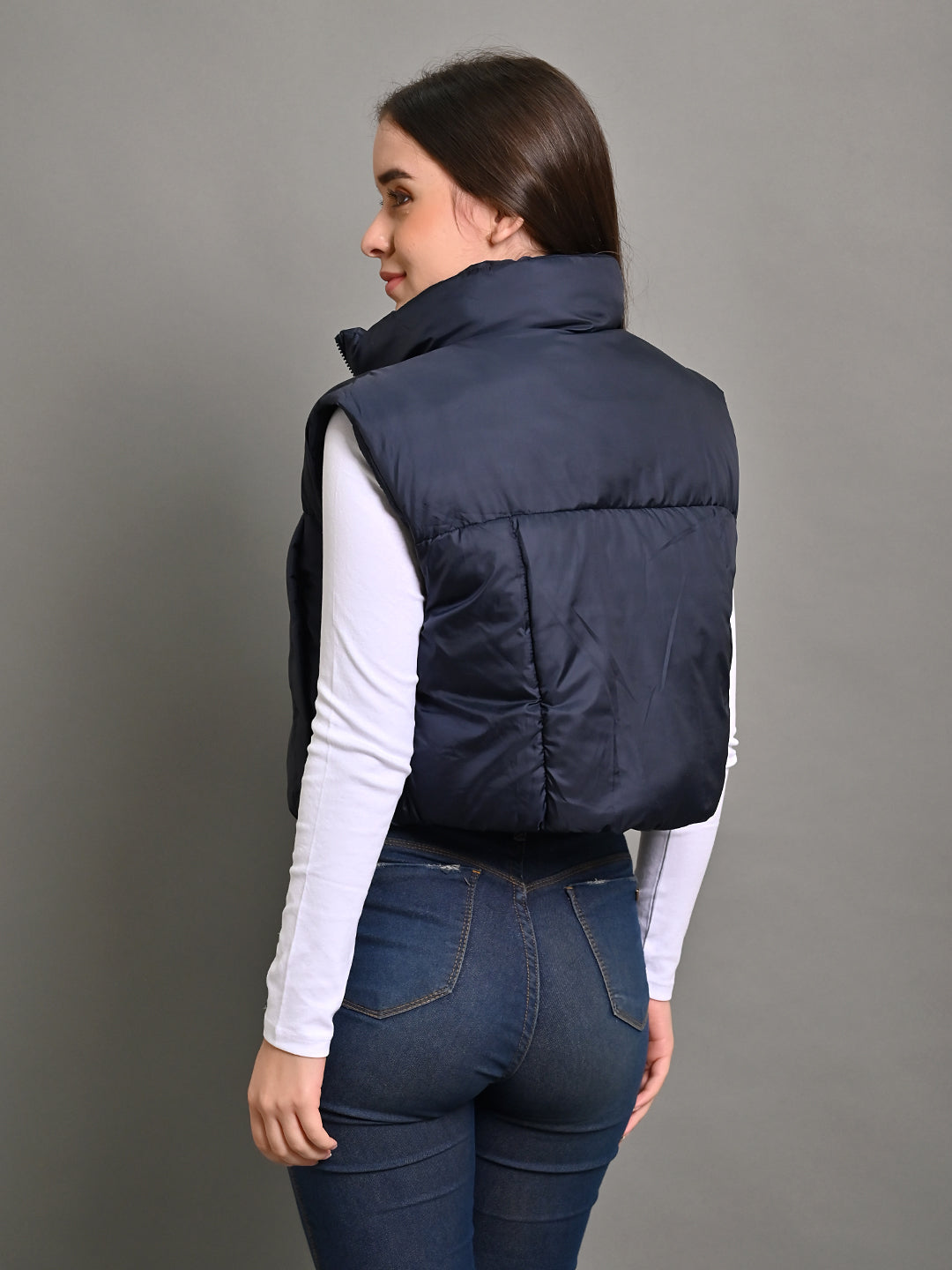 Nylon Sleeveless with High-Neck Puffer Crop Dark Blue Jacket