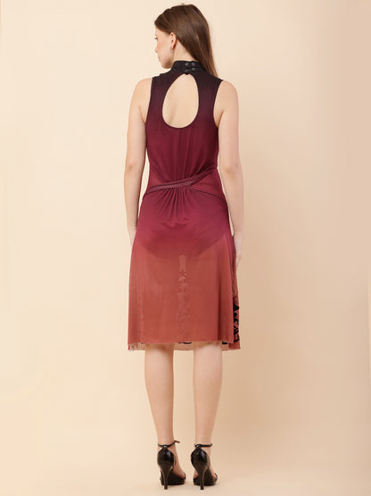 Polyester Sleeveless Maroon Dress with shorts attached