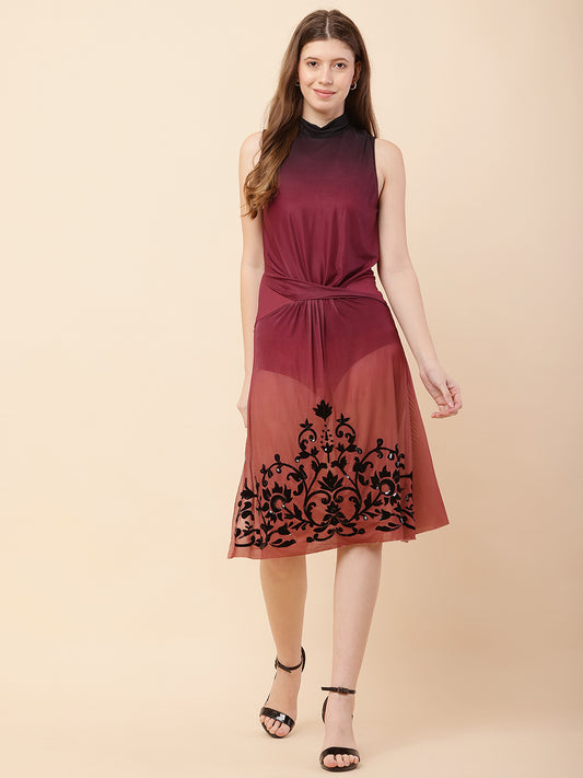 Polyester Sleeveless Maroon Dress with shorts attached