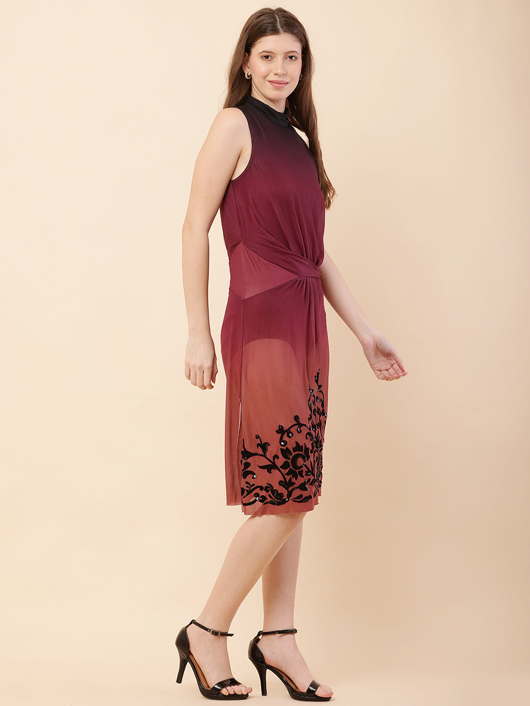 Polyester Sleeveless Maroon Dress with shorts attached