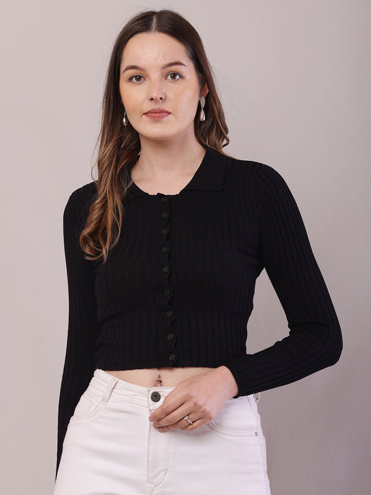 Viscose Full Sleeve with Shirt Collar Ribbed Crop Black Cardigan