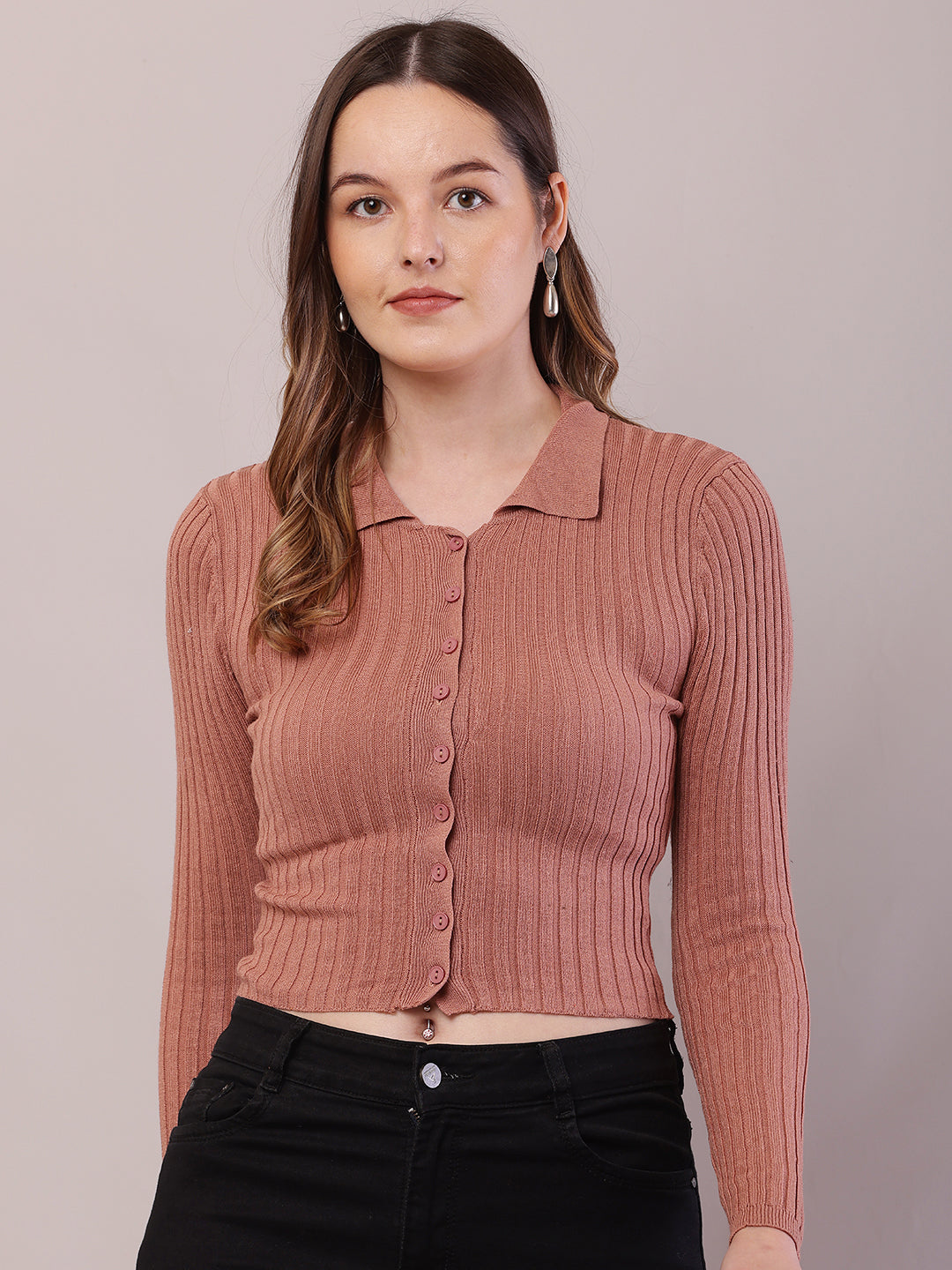 Viscose Full Sleeve with Shirt Collar Ribbed Crop Brown Cardigan