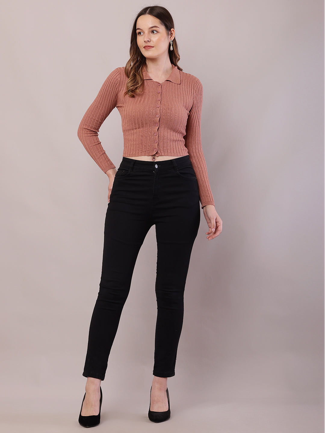 Viscose Full Sleeve with Shirt Collar Ribbed Crop Brown Cardigan