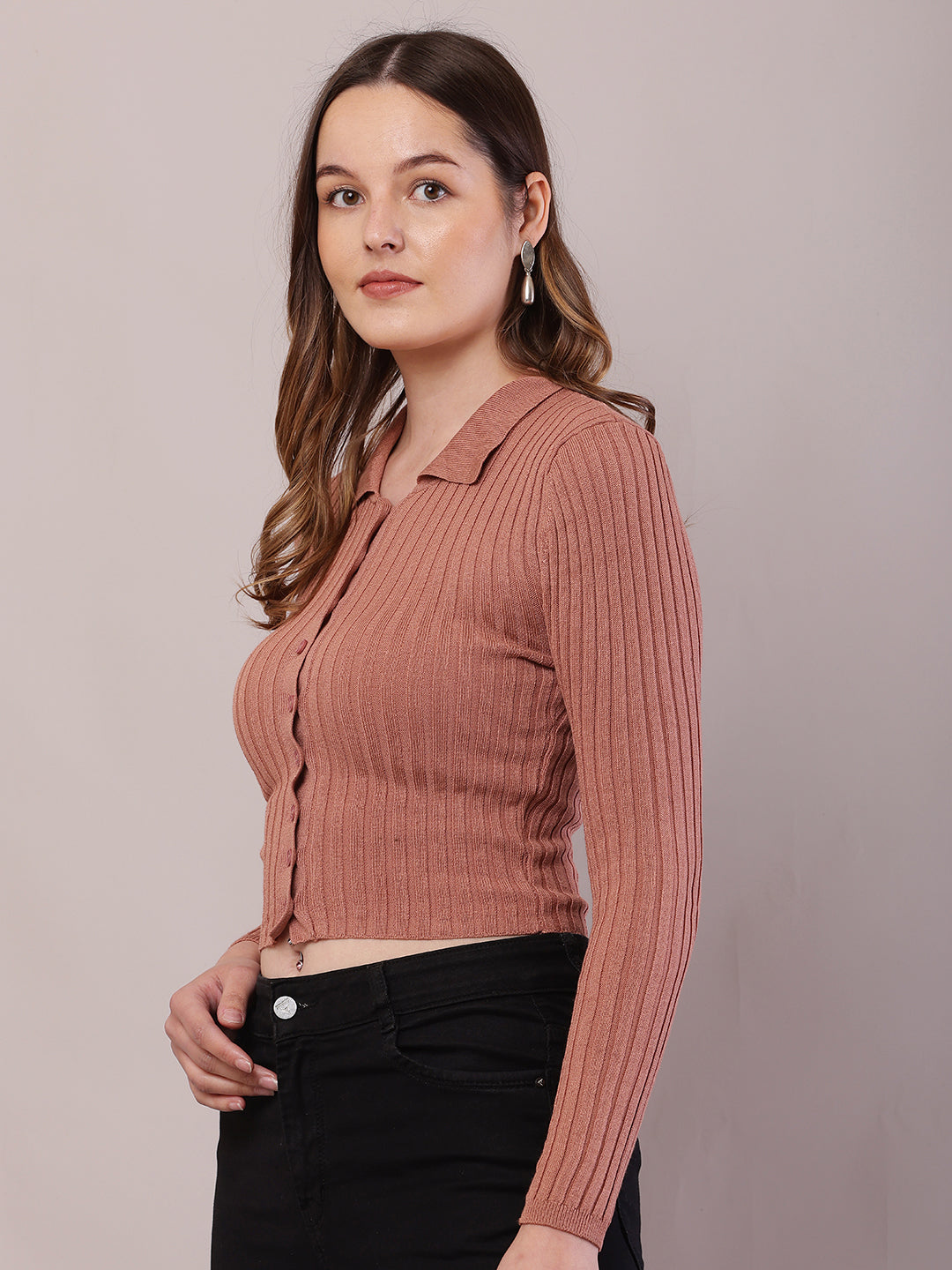 Viscose Full Sleeve with Shirt Collar Ribbed Crop Brown Cardigan