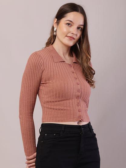 Viscose Full Sleeve with Shirt Collar Ribbed Crop Brown Cardigan