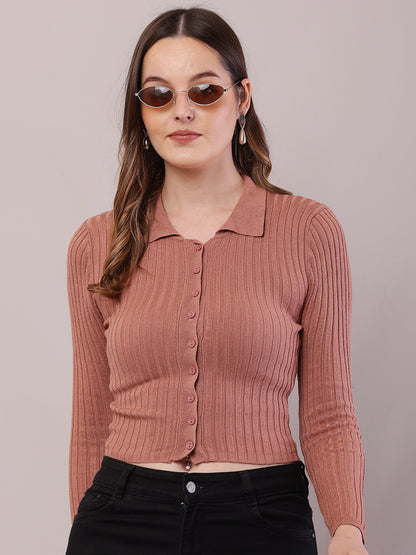 Viscose Full Sleeve with Shirt Collar Ribbed Crop Brown Cardigan