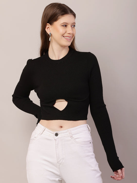 Acrylic Full Sleeve with Round Neck Crop Black Sweater