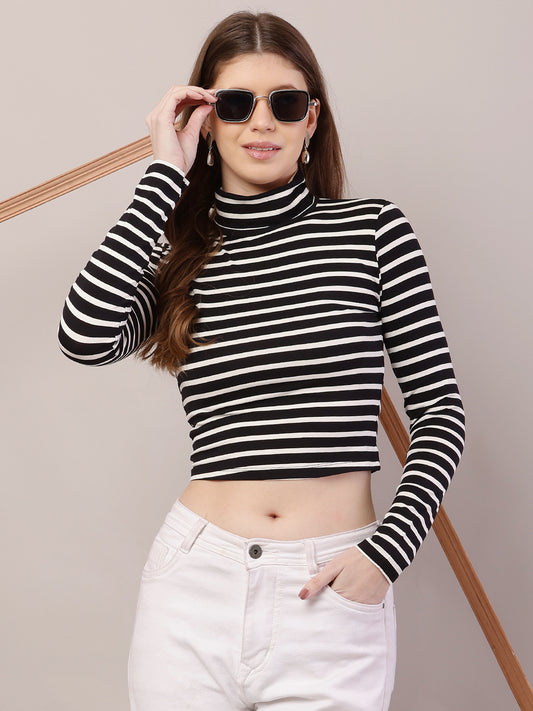 Polyester Full Sleeve with High-Neck Striped Black and White Crop Top