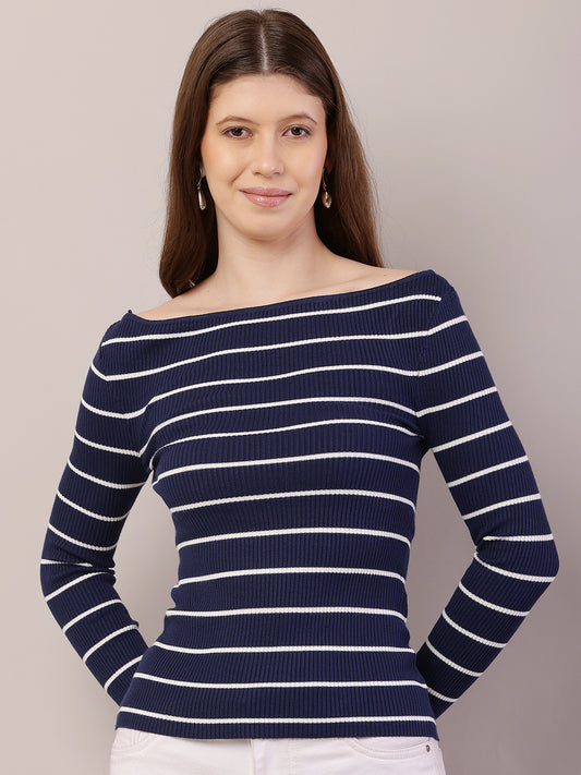 Acrylic Full Sleeve with Boat Neck Striped Ribbed Blue Top