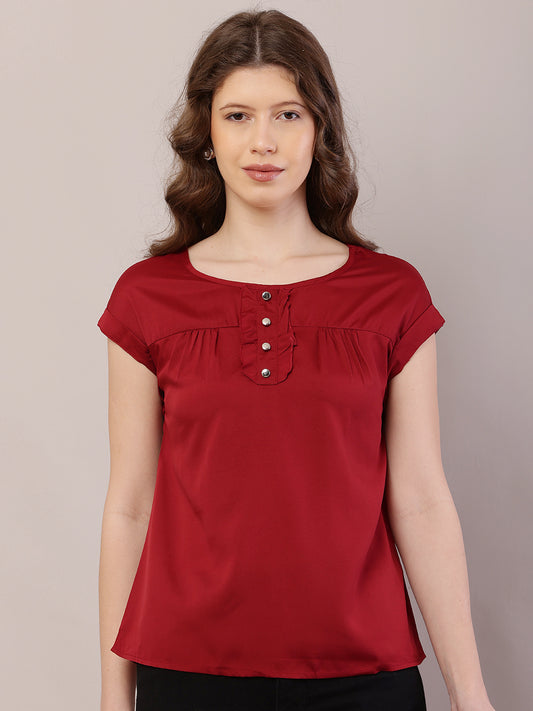 Polyester Round Neck with Short Sleeve Red Top