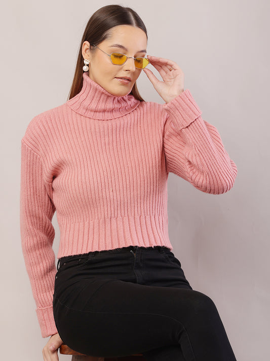 Acrylic Full Sleeve with High-Neck Ribbed Peach Sweater