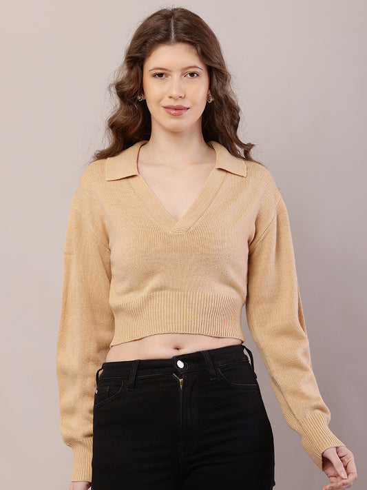 Polyester Full Sleeve with Collared ribbed Light Brown Sweater