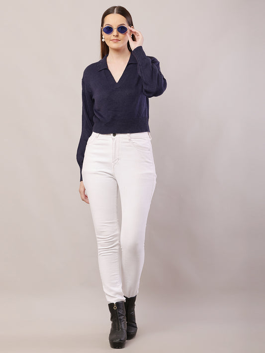 Polyester Full Sleeve with Collared ribbed Dark Blue Sweater