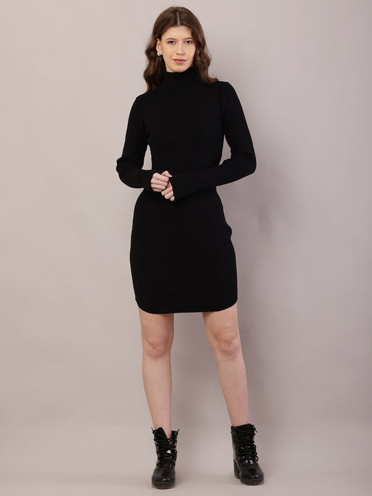 Viscose Full Sleeve with High-Neck Ribbed Black Bodycon Dress