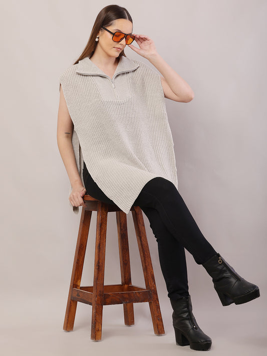 Acrylic Sleeveless with Shirt Collar loose-fitting Grey Sweater