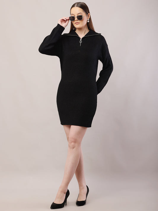 Acrylic Shirt Collar with Full Sleeve Black Sweater Dress