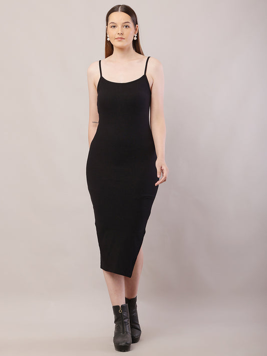 Viscose Sleeveless with Square Neck Black Shoulder Strap Bodycon Dress