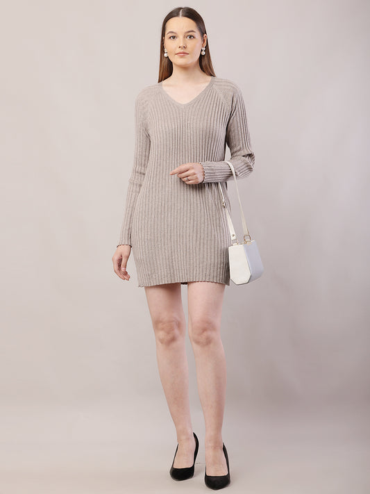 Polyester V-Neck with Full Sleeve Mini Light Brown Sheath Dress