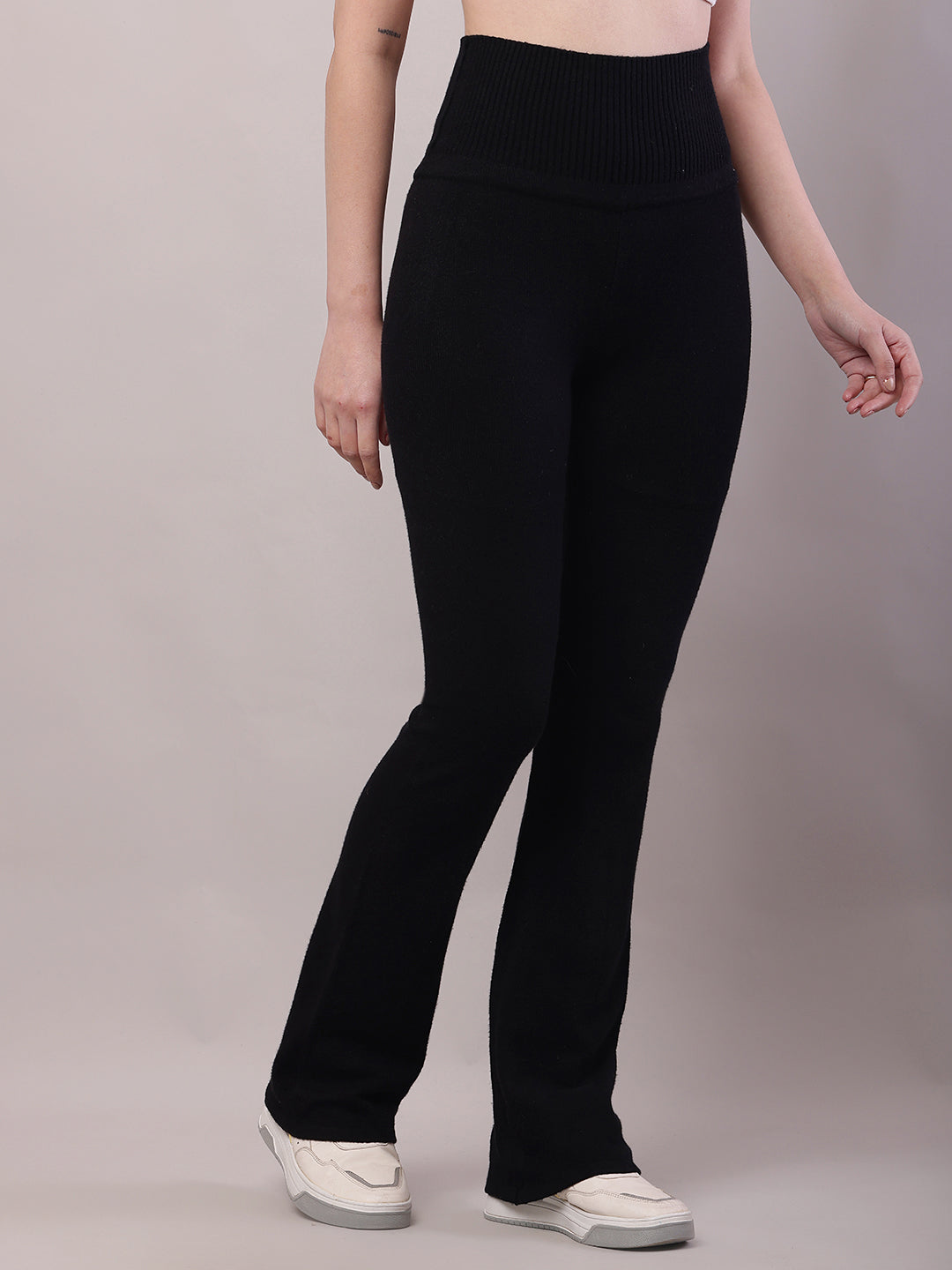 Cotton High-waist Solid high-waisted Black Trouser