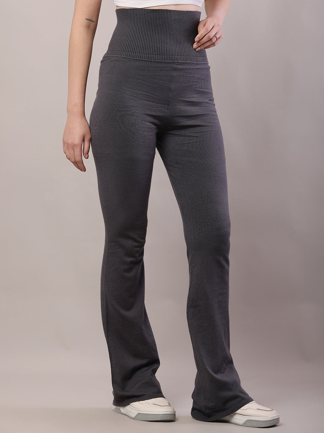 Cotton Solid high-waisted Grey Trouser