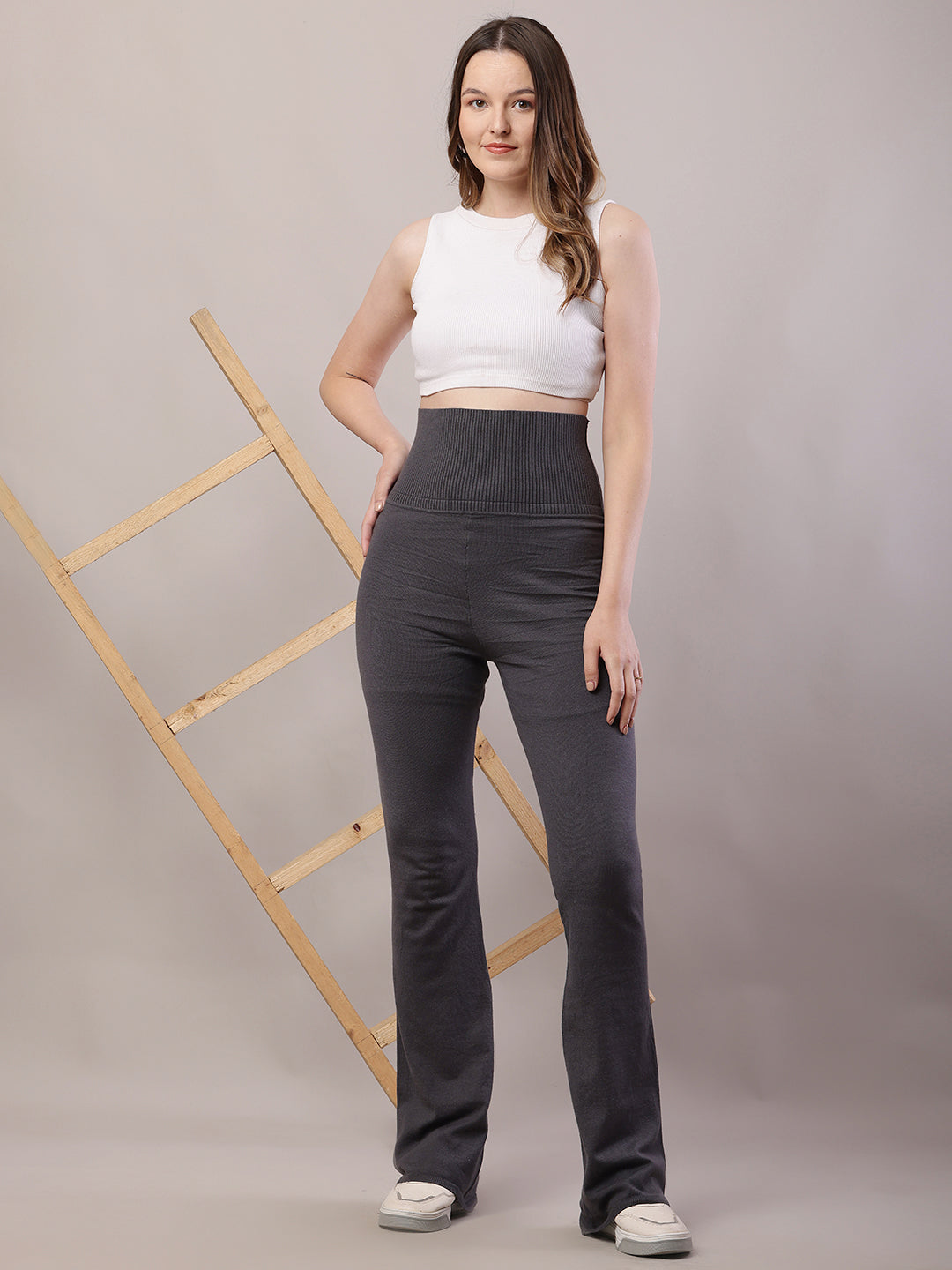 Cotton Solid high-waisted Grey Trouser