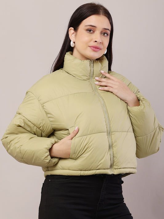 Polyester High-Neck with Full Sleeve Green Puffer Jacket