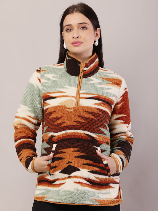 Polyester Full Sleeve with High-Neck Ethnic Print Sweatshirt