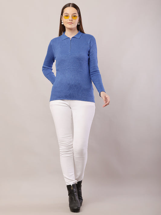 Viscose Full Sleeve with Shirt Collar Ribbed Blue Sweater