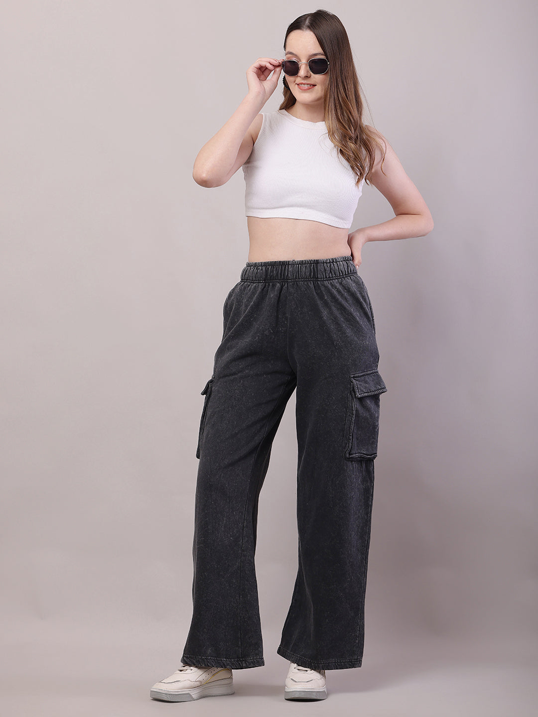 Cotton Mid Rise Baggy Cargo Pant Dark Grey Trouser