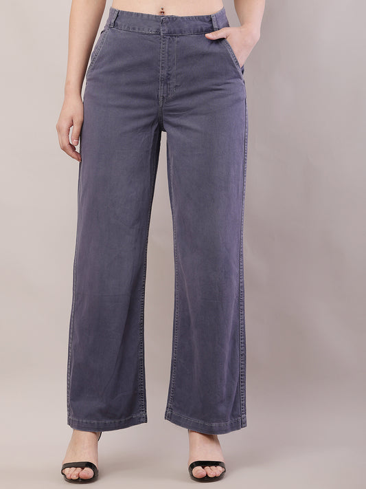 Cotton Regular Fit Belt loop Solid Wide Leg Grey Pant