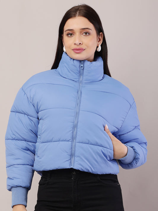 Polyester High-Neck with Full sleeve Blue Puffer Jacket