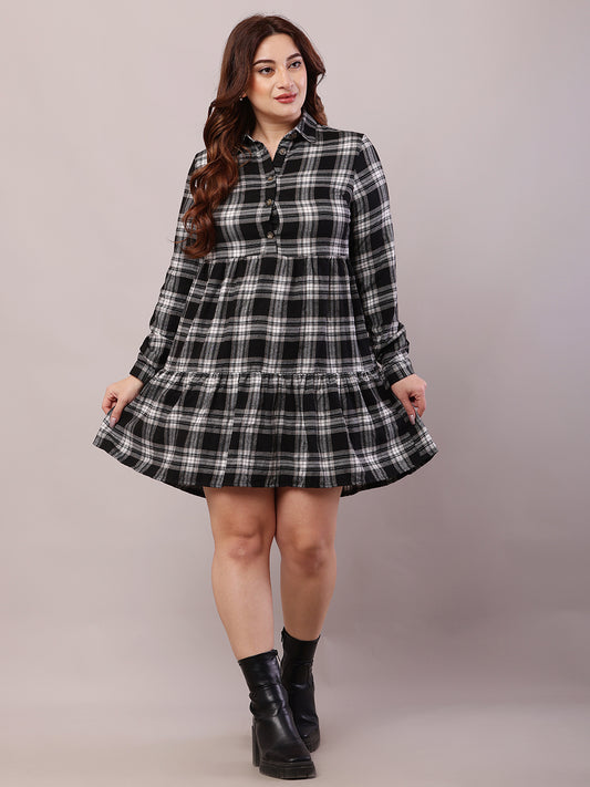 Polyester Full Sleeve with Shirt Collar Check Black A-line Dress