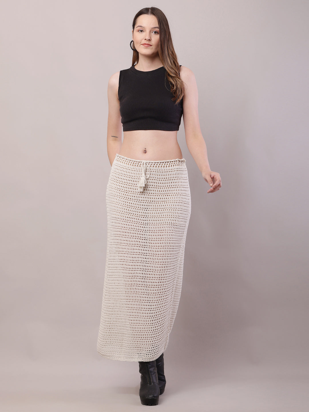 Polyester Mesh Crochet off-White Sexy Sheer Maxi Skirt