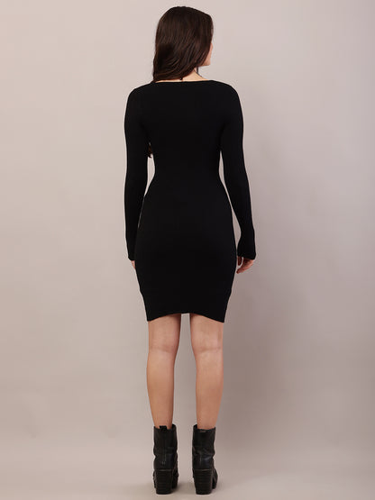 Viscose Full Sleeve with Square Neck Fitted Bodycon Black Dress