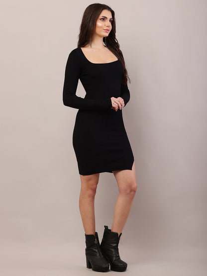 Viscose Full Sleeve with Square Neck Fitted Bodycon Black Dress