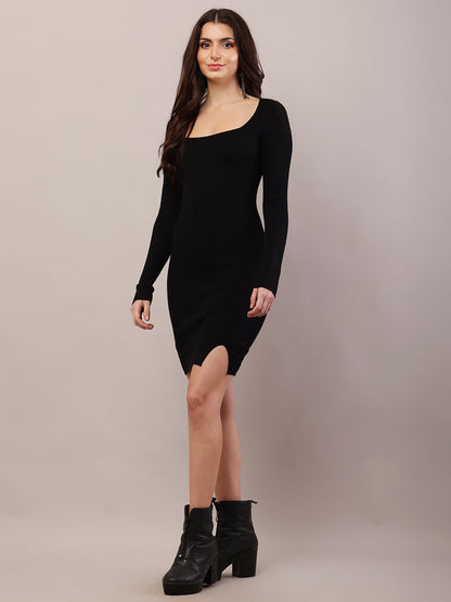 Viscose Full Sleeve with Square Neck Fitted Bodycon Black Dress