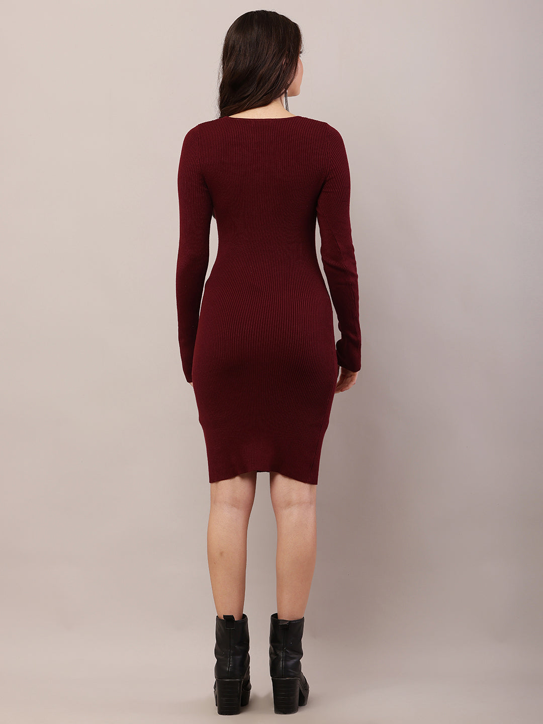 Viscose Full Sleeve with Square Neck Fitted Bodycon Maroon Dress