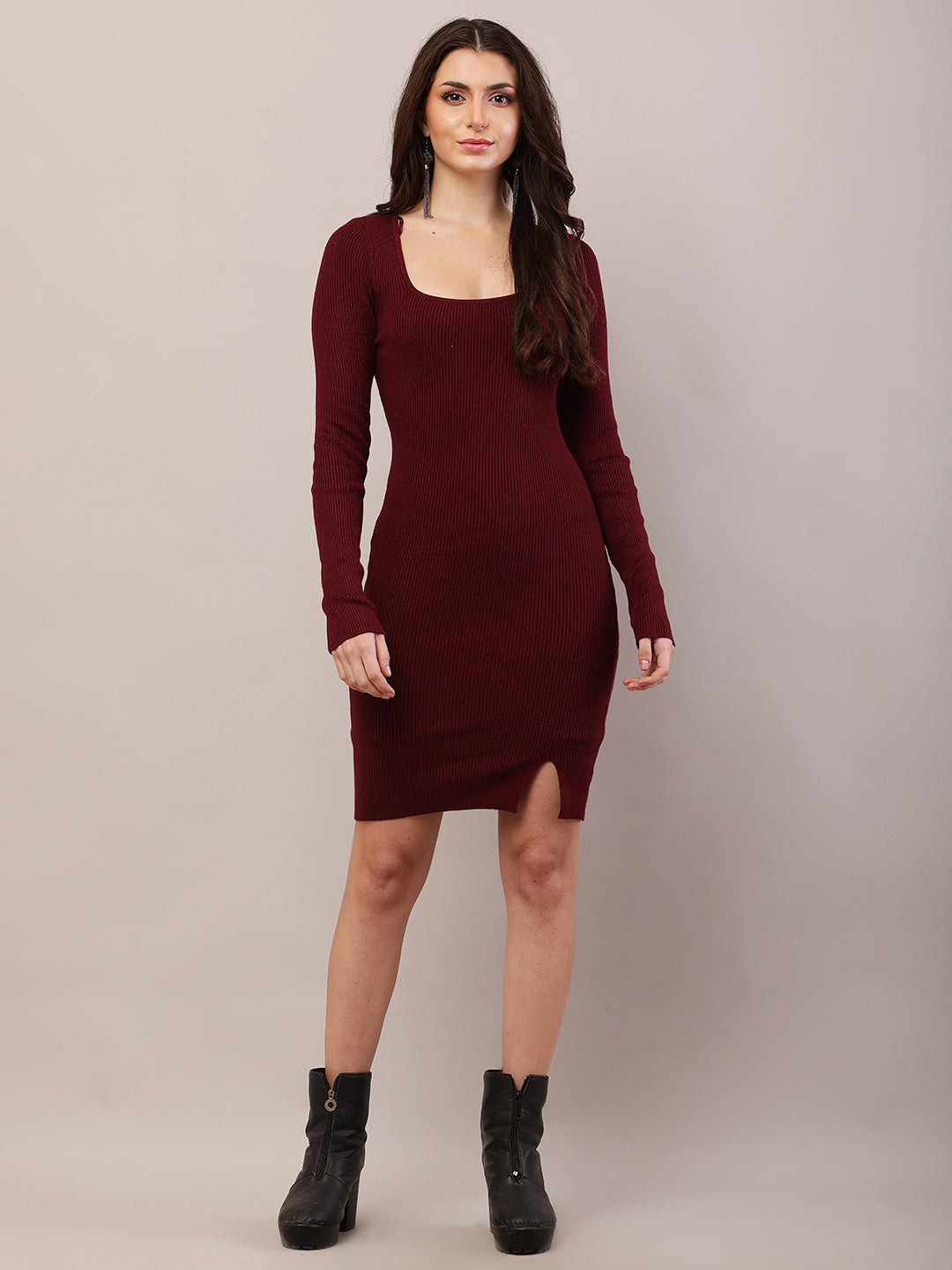 Viscose Full Sleeve with Square Neck Fitted Bodycon Maroon Dress