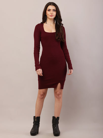 Viscose Full Sleeve with Square Neck Fitted Bodycon Maroon Dress