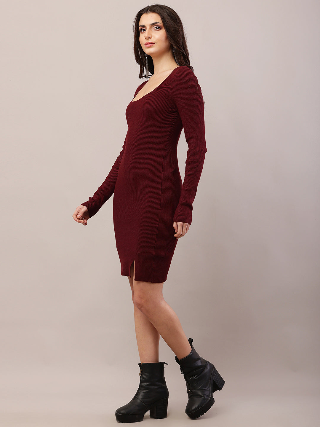 Viscose Full Sleeve with Square Neck Fitted Bodycon Maroon Dress